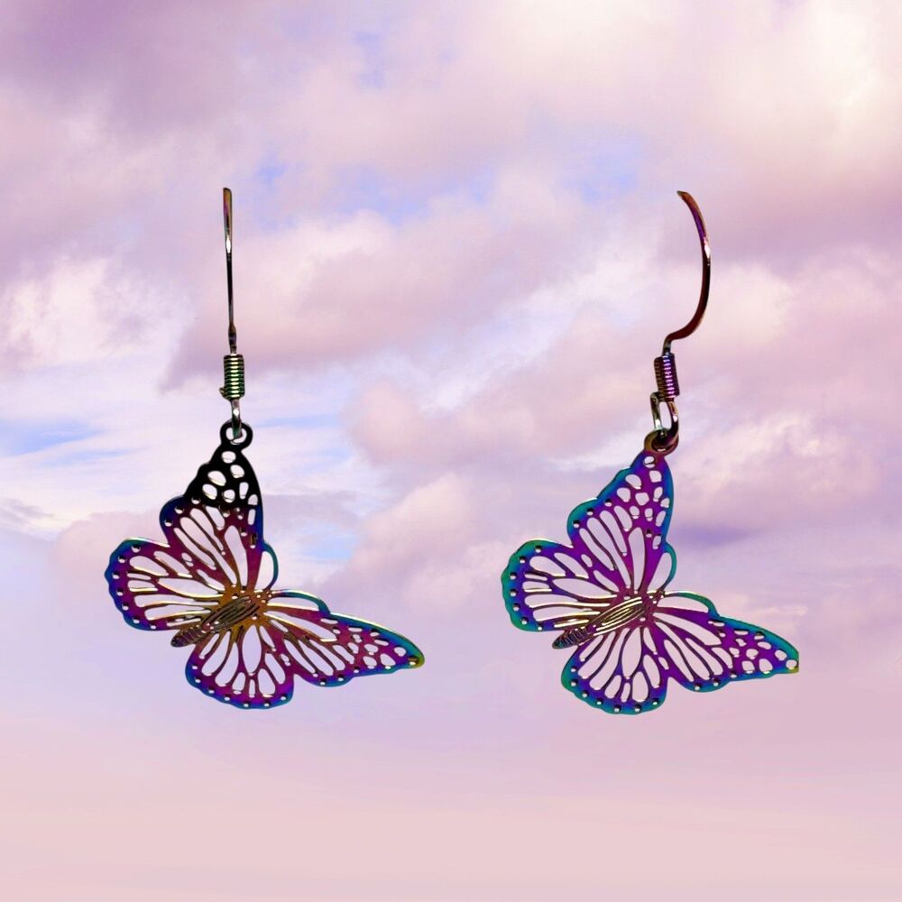 Rainbow Titanium Butterfly Earrings, Hypoallergenic Dangle Item #2042